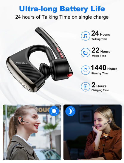 New Bee M50 Bluetooth Headset – Wireless Earpiece with Dual Mic, CVC8.0 Noise Cancelling, 24H Talk Time, V5.2 Handsfree Earphones