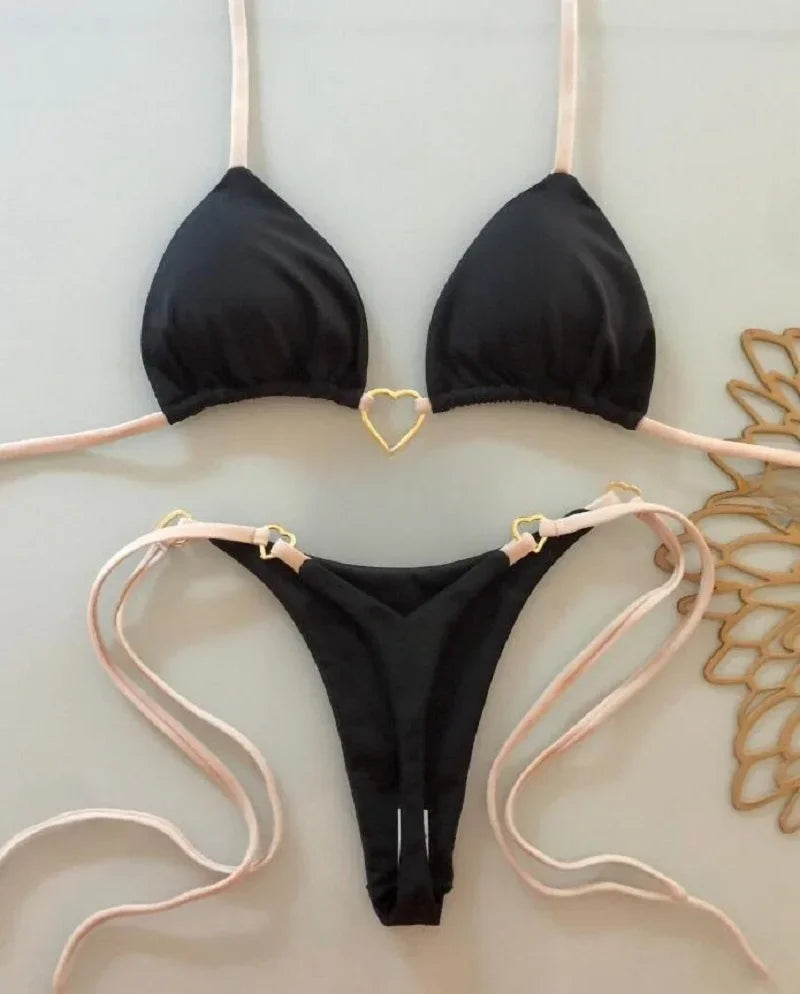 Women’s Sexy Halter Triangle Bikini Set – Solid Color Brazilian Thong Two-Piece Swimsuit