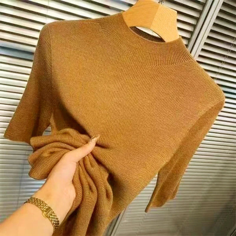 Women's Solid Color Knit Sweater – Stand Collar, Half Sleeve, Slim Fit, Soft High-Elastic Top for Autumn & Spring