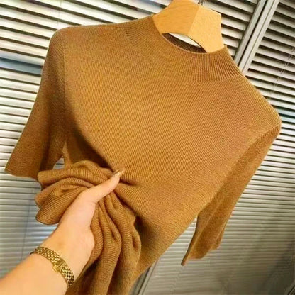 Women's Solid Color Knit Sweater – Stand Collar, Half Sleeve, Slim Fit, Soft High-Elastic Top for Autumn & Spring