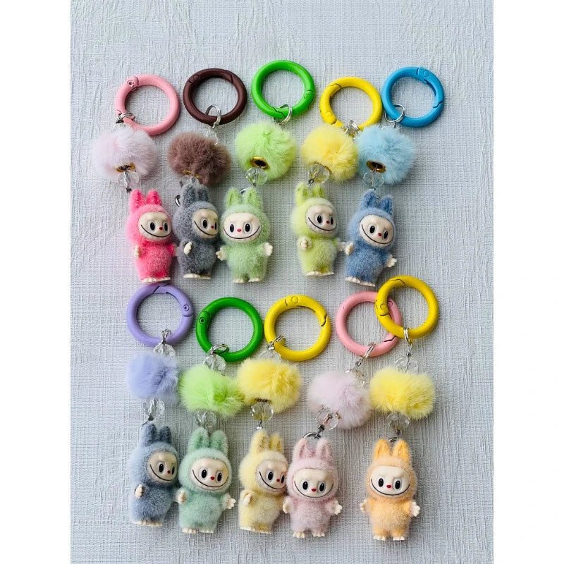 Labubu Mini Flocking Doll Keychain – Standing & Sitting Car, Bag, Phone, Backpack Charm Gift