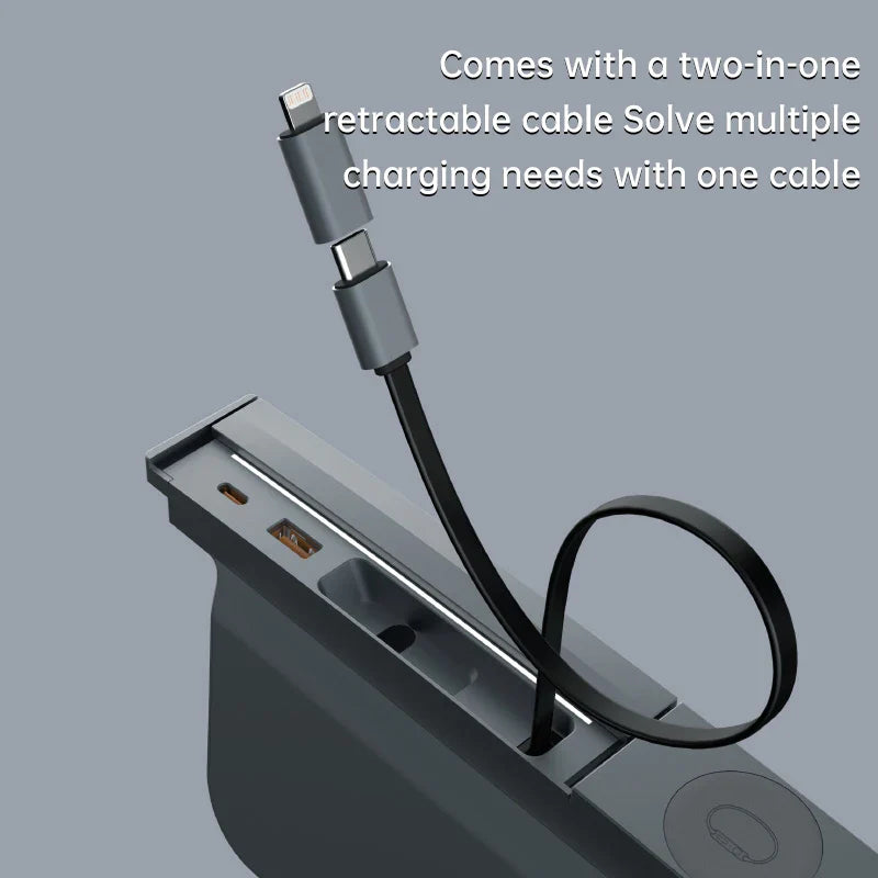 Tesla Model 3/Y USB Hub – 27W 3-in-1 Docking Station with Retractable Cable & Apple Watch Wireless Charging