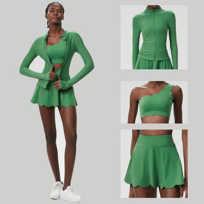 3-Piece Women’s Fitness Yoga Set – Breathable Quick-Dry Gym & Running Sportswear with Tennis Skirt