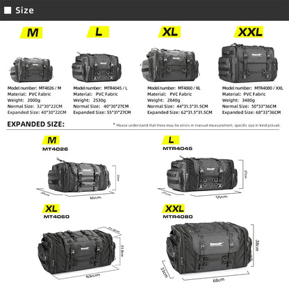 Rhinowalk Waterproof Motorcycle Travel Luggage Bag – 19L–80L Expandable Rear Tail/Trunk Rack Bag for Most Motorcycles