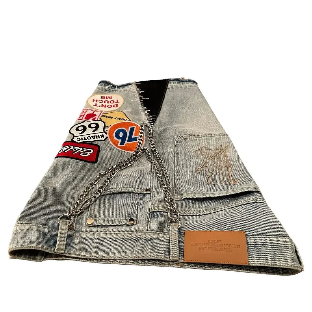 Unisex Y2K Rock Hip Hop Patchwork Denim Shorts – Retro Cartoon Pattern Baggy Casual Basketball Fitness Shorts