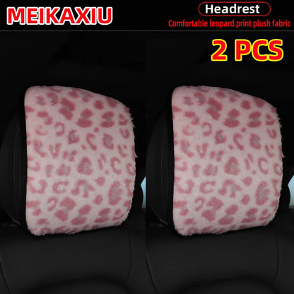 Leopard Print Faux Fur Car Headrest Cover - Soft Decorative Pillowcase for Stylish Interior Comfort