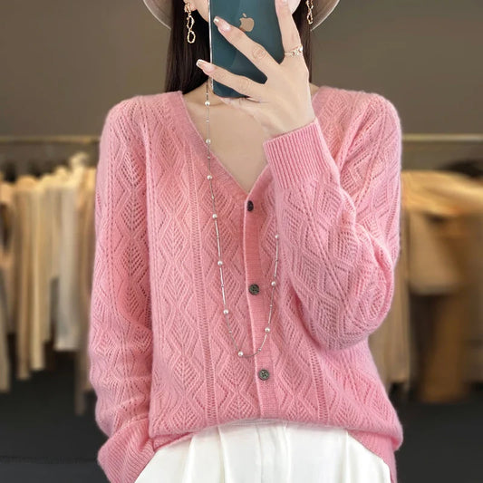 Women's 100% Wool Cashmere Cardigan – V-Neck, Super Soft, Loose Fit, Long Sleeve Knit Sweater