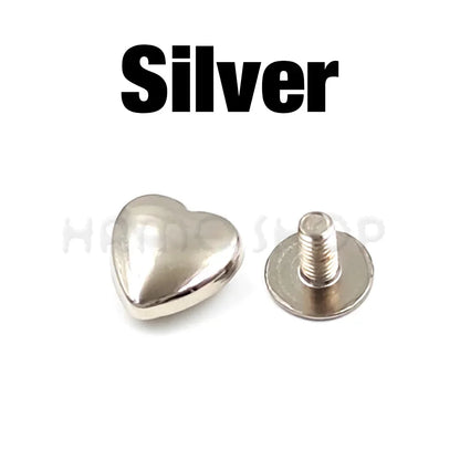 10 Set Heart-Shaped Metal Screwback Rivets 10/14mm – Screw Studs for Leathercraft, Garments, Belts & Bags