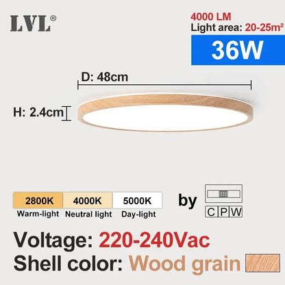 LVL LED Ceiling Light – 3-in-1 Wood Grain & White Round Flush Lamp for Kitchen, Bedroom & Bathroom