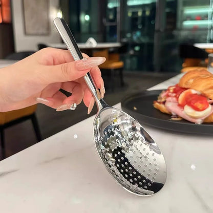 Large Stainless Steel Round Spoon — Big Head Rice Serving Spoon with Drain Holes, Heat-Resistant Kitchen Utensil