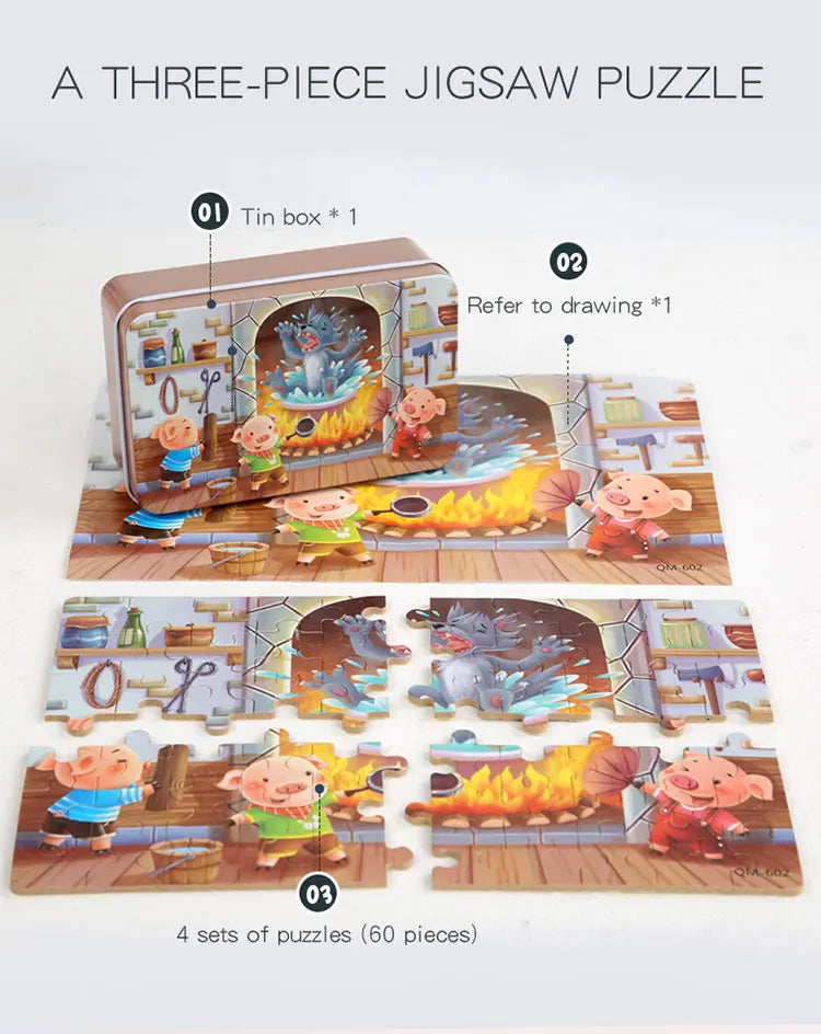 60PCS Cartoon Jigsaw Puzzle with Metal Box – Kids Educational Animal & Vehicle Puzzle Game