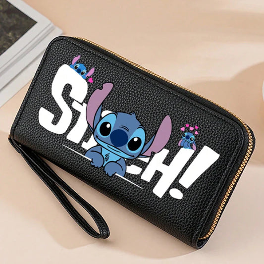 Stitch Long Zip Wallet for Women – Cute Cartoon Print with Wrist Strap, Soft Multi-Card Holder in 4 Colors