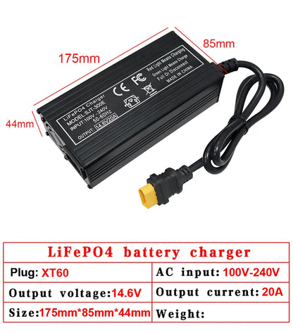 VariCore 14.6V 20A Smart LiFePO4 Battery Charger — 110-220V High-Power 4S 12V Charger for Lithium Iron Phosphate Packs