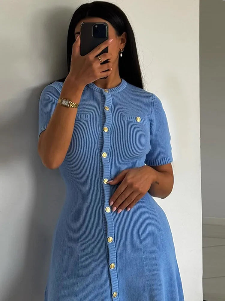 2025 New Women’s Knit Slim Mini Dress – Elegant Single-Breasted Solid Color Office & Daily Commuting Vestido