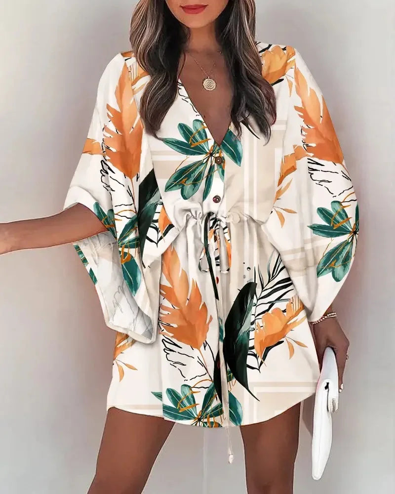 Women’s Floral Summer Dress - V Neck Bat Sleeve Ruffle Boho Dress with Irregular Hem Casual 2024 Style