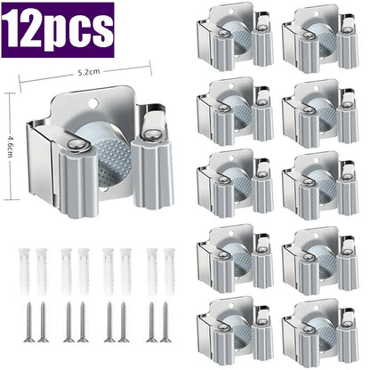Stainless Steel Mop Clip Holder — Wall-Mounted Broom & Brush Hanger Rack for Kitchen & Bathroom Organization