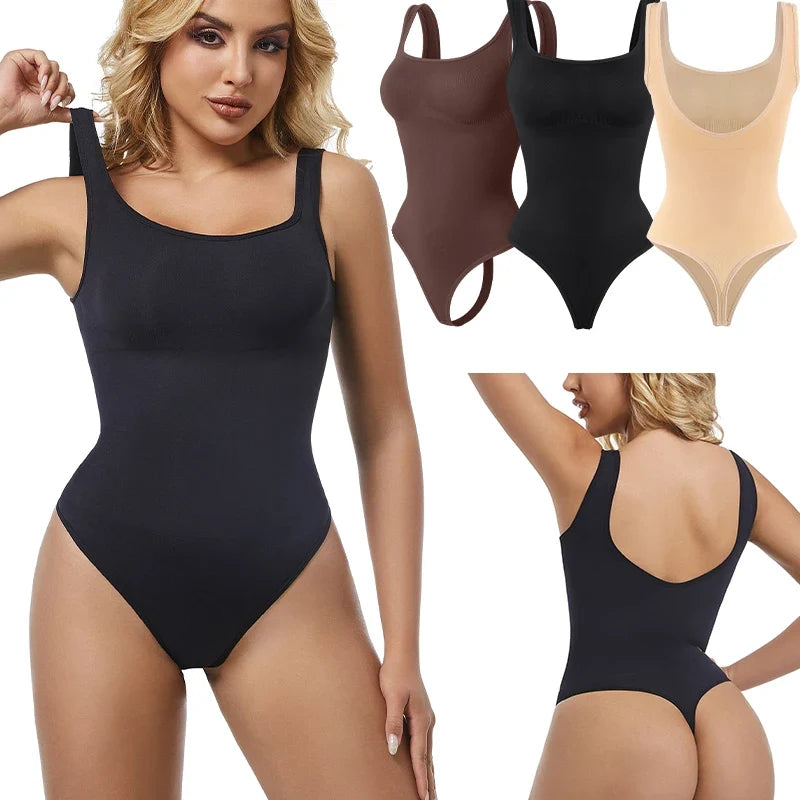 Women’s Seamless Shapewear Bodysuit - Tummy Control Square Neck Slimming Backless Thong Body Shaper