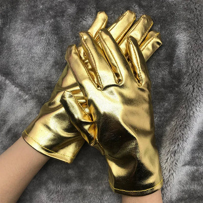 Gold Silver Metallic Faux Leather Short Gloves – Sexy Wet Look Party, Evening & Performance Mittens Handwear