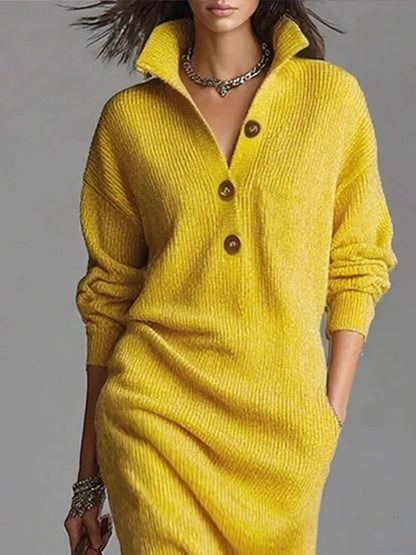 Elegant Ribbed Knit Midi Dress – Lapel Collar Button Front Long Sleeve Fall Winter Sweater Dress