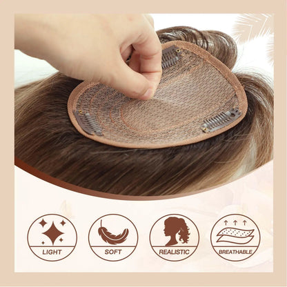 Straight Ombre Brown Remy Human Hair Topper – 100% Silk Base Clip-in Wig with Bangs, Hair Extension for Women