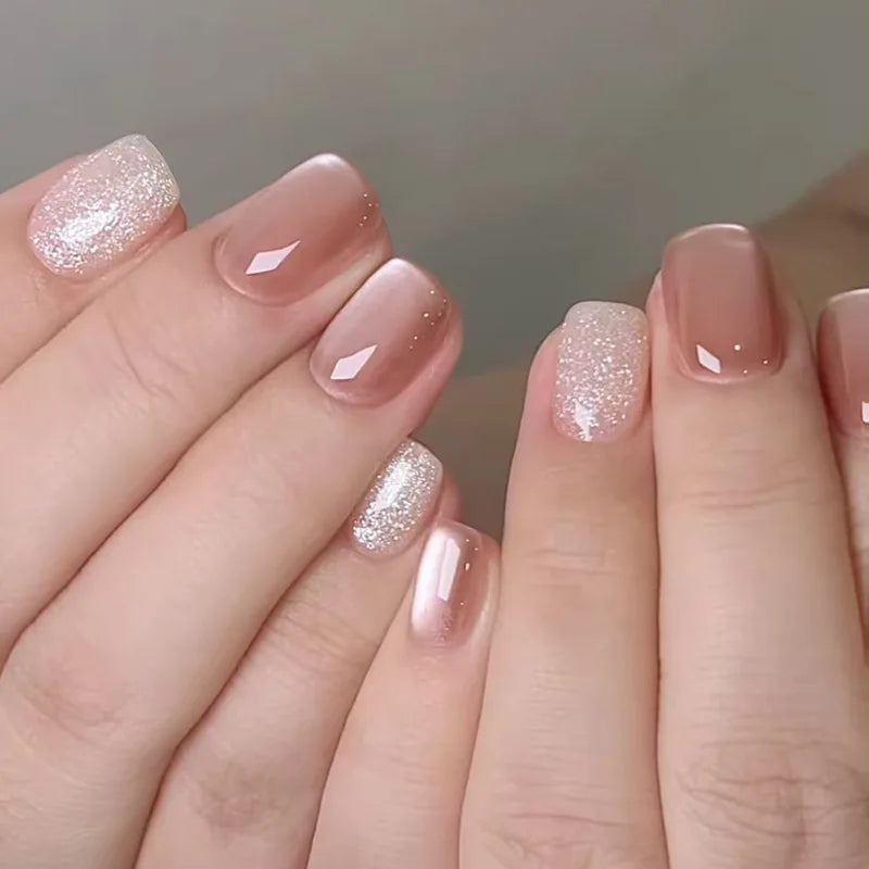 24PCS Short Press On Nails - Shimmer Ballet French Full Cover Artificial Nail Tips for Daily Manicure Style