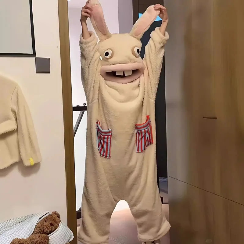 Raving Rabbids Cosplay Onesie - Flannel Jumpsuit Costume for Adults & Kids, Halloween Sleepwear Gift