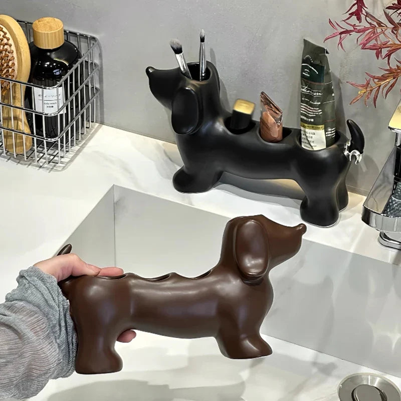 Dachshund Ceramic Toothbrush Holder – Electric Toothbrush Storage Rack and Bathroom Sink Organizer with Toothpaste Holder