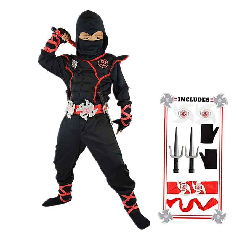 Kids Black Ninja Costume Set — Anime Samurai Outfit with Mask & Fighting Toy for Holidays & Gifts
