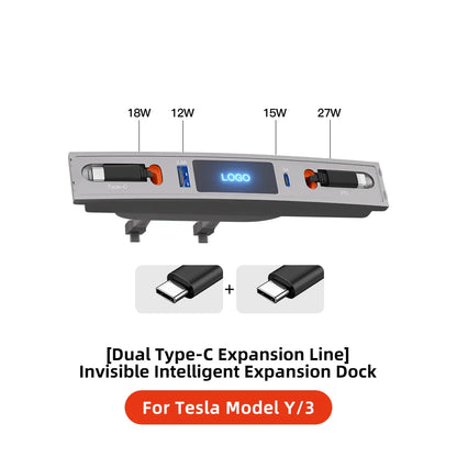 YZ 27W Quick Charger & USB Hub for Tesla Model 3/Y 2023 — Intelligent Car Docking Station & Adapter