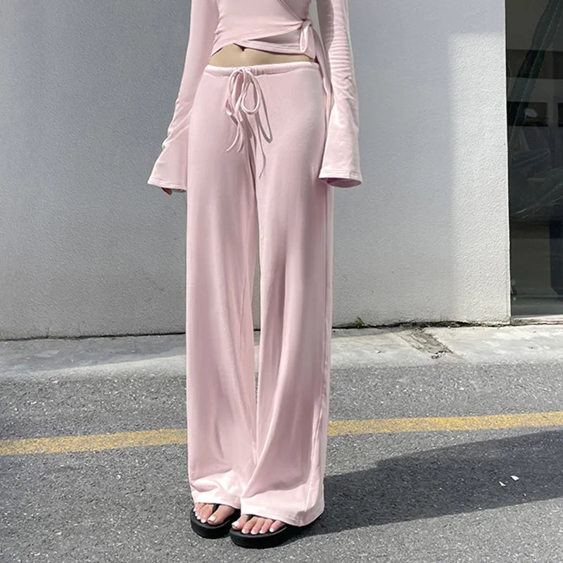 Apprabant Women’s Casual Fashion Set – Drawstring High-Waist Trousers with Plush Loose Pants and Lace-Up Flared Sleeve V-Neck Top