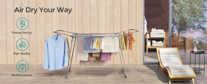 SONGMICS Foldable Gullwing Clothes Drying Rack – Space-Saving Laundry Rack with Sock Clips, 22.2"x68.1"x38"