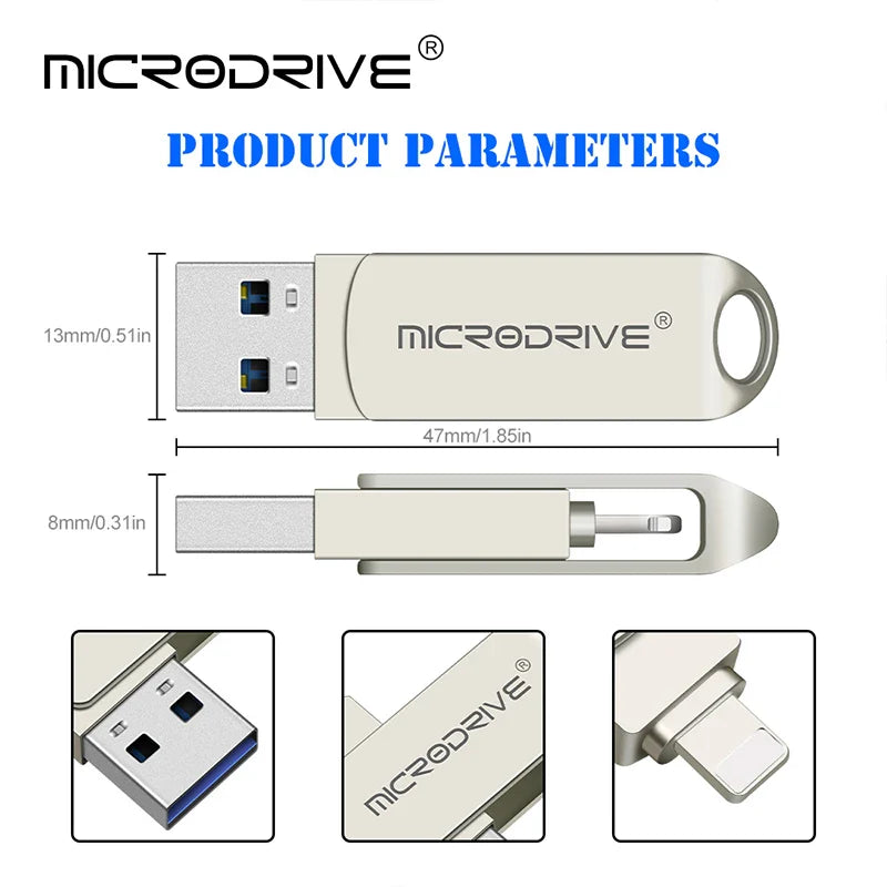 Metal OTG USB 3.0 Pen Drive – 32GB, 64GB, 128GB, 256GB Memory Stick for iPhone, iPad, Lightning, iOS