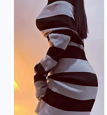 Women’s Striped Mini Bodycon Dress — Boat Neck Off-Shoulder Long Sleeve Hip-Wrapped Party Dress for Spring & Autumn