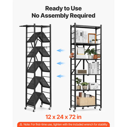SucceBuy 3-6 Tier Black Foldable Storage Rack — Wheeled Metal Shelving Organizer for Garage & Kitchen