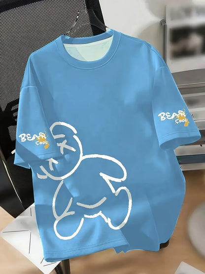 Men's Cartoon Bear Print T-Shirt - Breathable Round Neck Casual Summer Tee