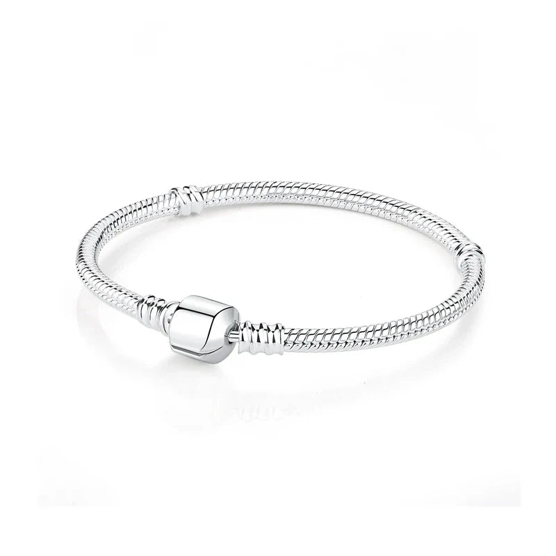 925 Sterling Silver Love Heart Charm Bracelet – Rose Gold Snake Chain Bangle for Women | DIY Luxury Bead Jewelry Accessories