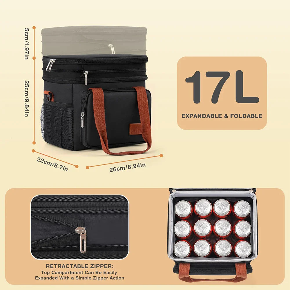 Expandable 17L Insulated Double-Decker Lunch Bag – Leakproof Cooler Tote with Side Pocket for Work, Picnic, Camping & Travel