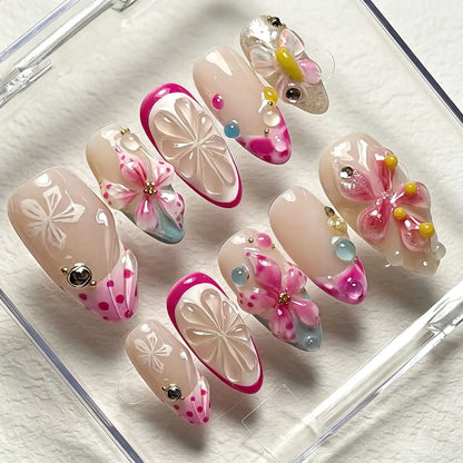 24PCS Strawberry Bow Press On Nails - Red Short Almond Pearl Starlight Floral False Nail Art Tips