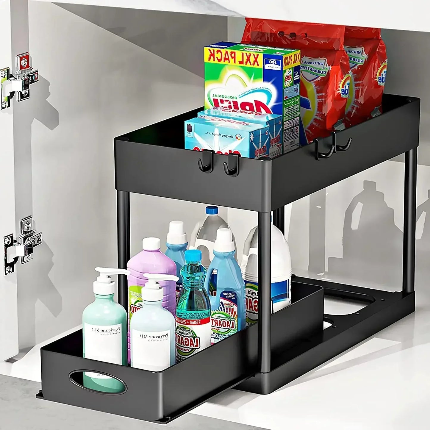 2-Tier Under Sink Organizer - Sliding Cabinet Basket with Hooks, Hanging Cup for Bathroom and Kitchen Storage