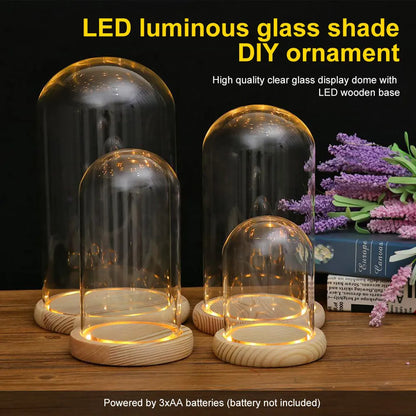 Glass Dome with Wooden Base & LED Light – Terrarium Vase, Flower Holder, Landscape Container for Bedroom Decor & Birthday Gifts