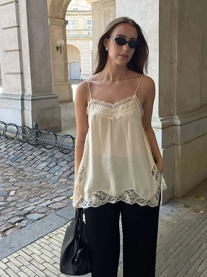 Women’s Lace Patchwork Sleeveless Sling Top – Square Neck Backless Sheer Club & Vacation Blouse 2025