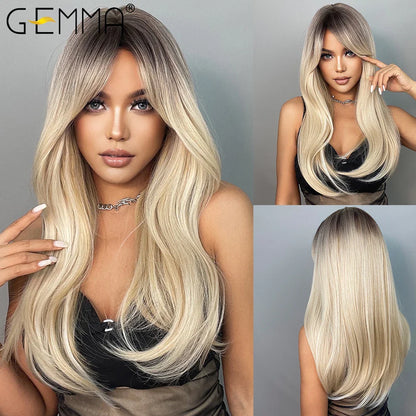 GEMMA Ombre Brown Blonde Synthetic Wig with Bangs – Long Straight Cosplay Wig for Women, High-Temperature Fiber