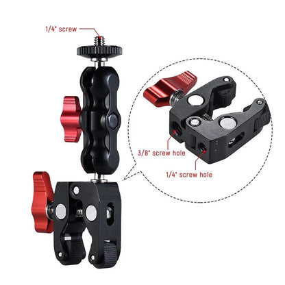 Super Clamp Camera Mount with 360° Ballhead, Double Ball Head Magic Arm Adapter for DSLR, GoPro, LED Lights, and Phone