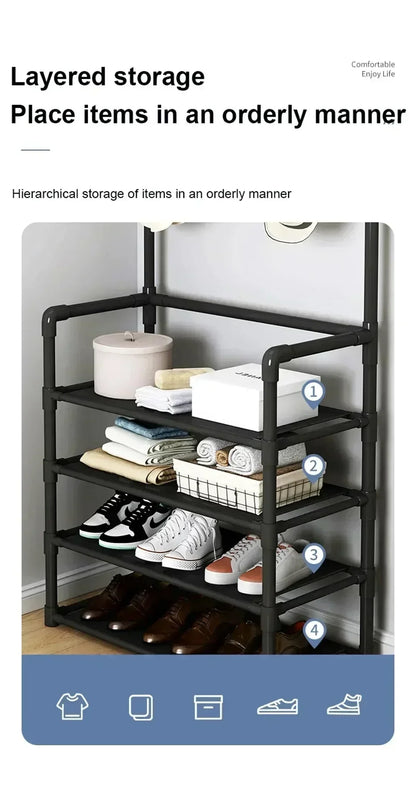 Multi-Layer Clothes Hanger & Shoe Rack – DIY Floor-Standing Hat and Shoes Organizer for Living Room Storage