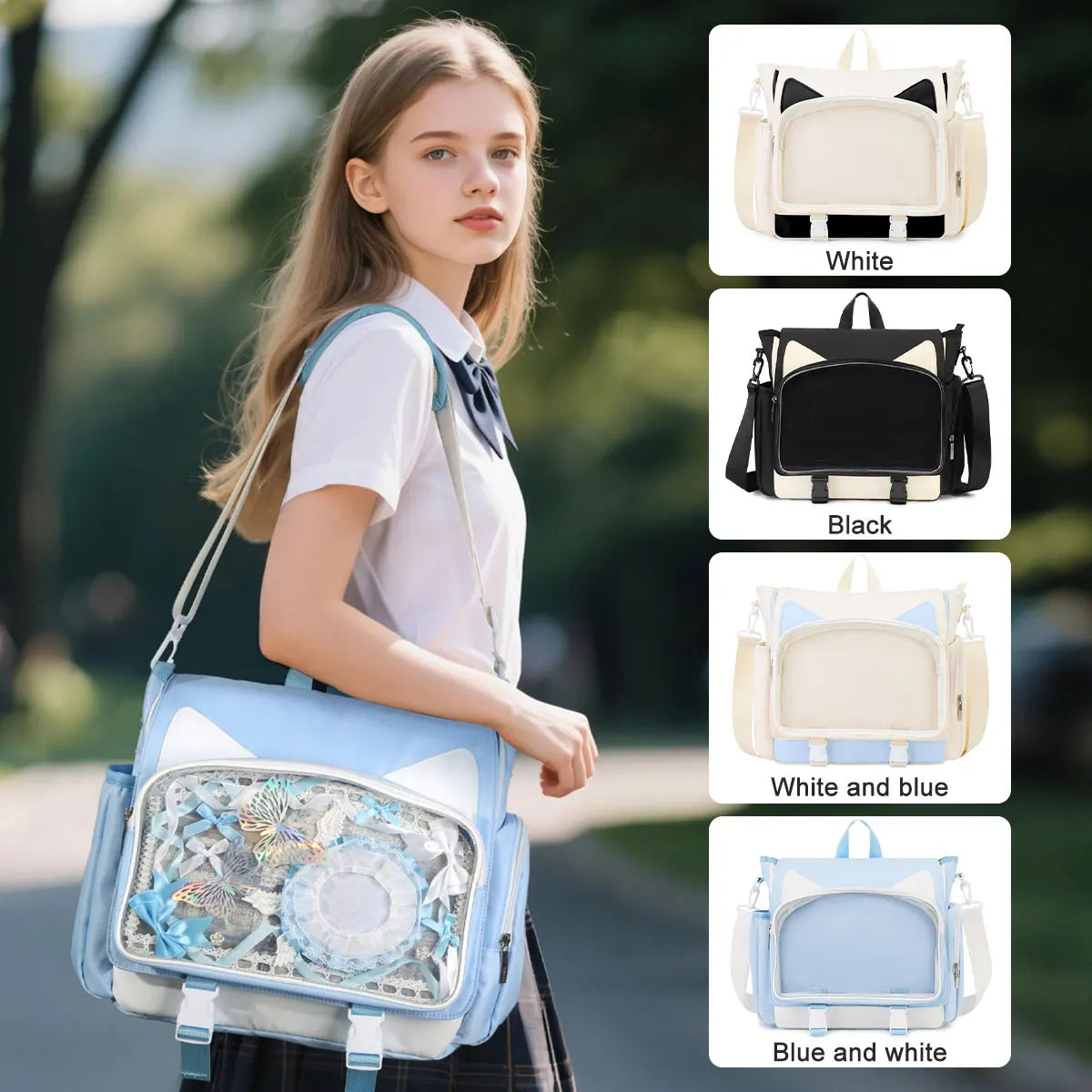 TINYAT Y2K Ita Bag — Waterproof Transparent School Backpack & Crossbody Bag for Girls with Cute Cat Ears