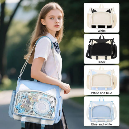 TINYAT Y2K Ita Bag — Waterproof Transparent School Backpack & Crossbody Bag for Girls with Cute Cat Ears