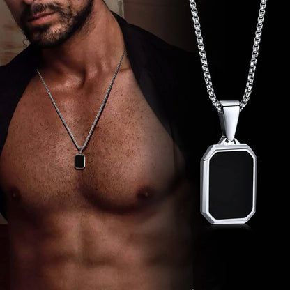 Casual Black Enamel Necklace for Men, Waterproof Stainless Steel Square Pendant, Simple Fashion Collar Jewelry Gift