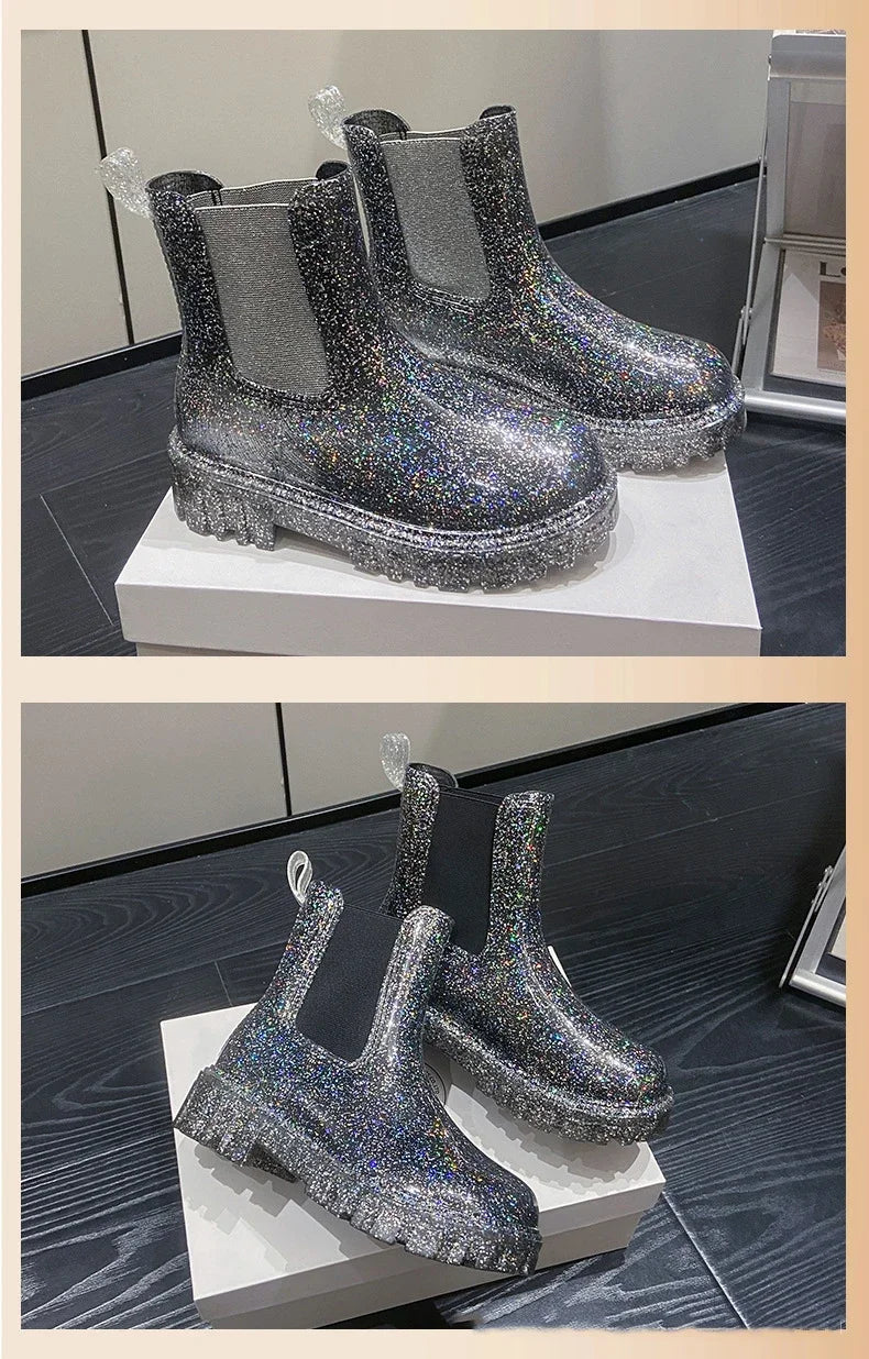 Women’s Shiny Color Fashion Rain Boots – Four-Season Waterproof Mid-Tube Ankle Outdoor Shoes