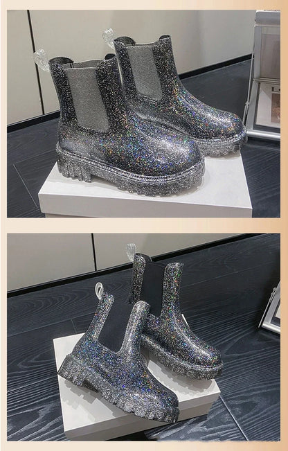 Women’s Shiny Color Fashion Rain Boots – Four-Season Waterproof Mid-Tube Ankle Outdoor Shoes
