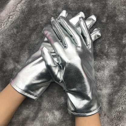 Gold Silver Metallic Faux Leather Short Gloves – Sexy Wet Look Party, Evening & Performance Mittens Handwear